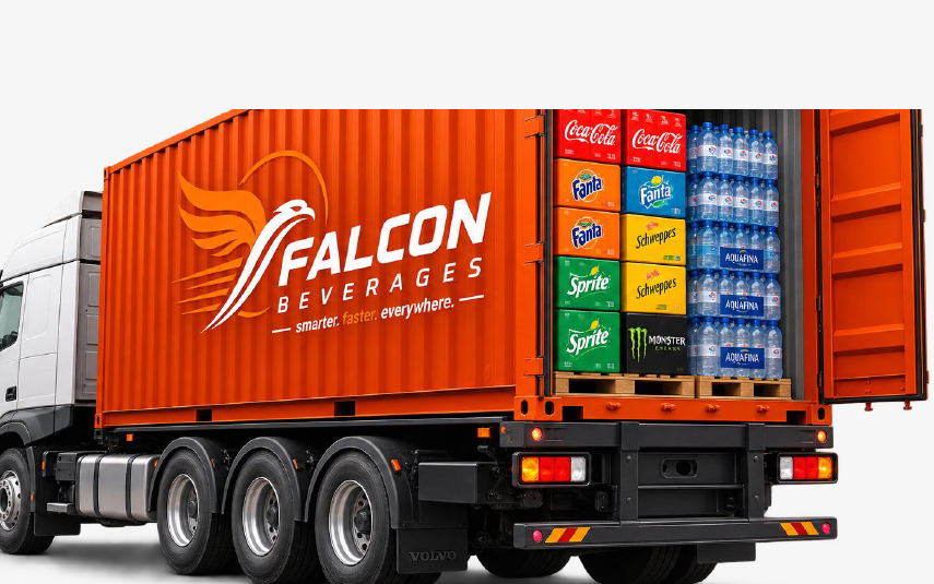 Falcon Beverages liveried truck loaded with mixed wholesale pallets