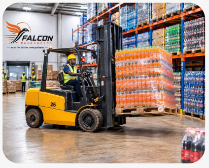 Falcon Beverages warehouse staff palletizing stock with a forklift